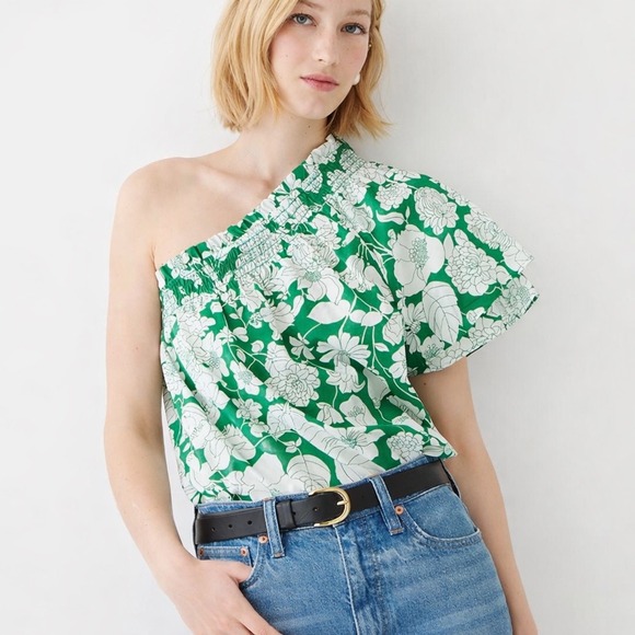 J.Crew Tops - J.Crew One Shoulder Floral Top L Kelly Green Smocked Cotton Poplin Cottagecore